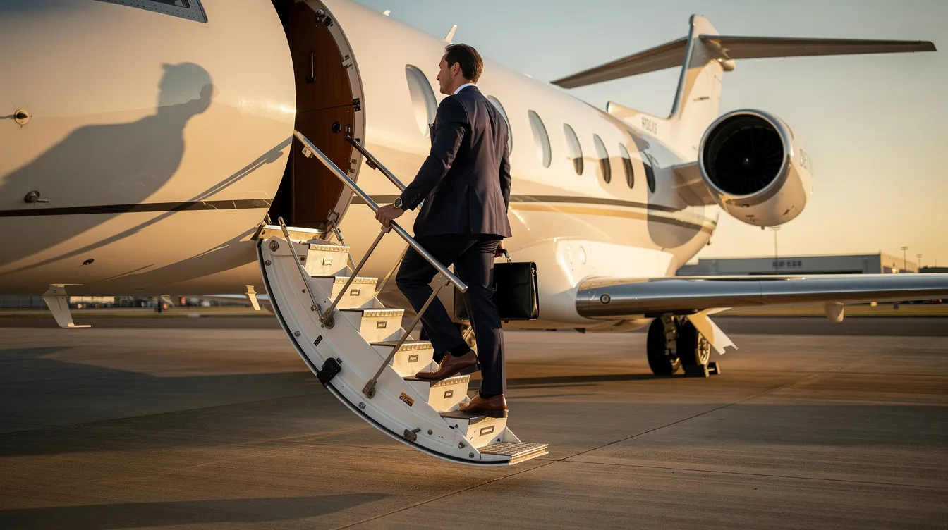 A business executive in a tailored suit is boarding a sleek white private jet, symbolizing the luxury and efficiency of private aviation. This scene highlights the growing trend of private jet travel among high net worth individuals seeking to fly point to point with guaranteed availability and reduced operating costs.