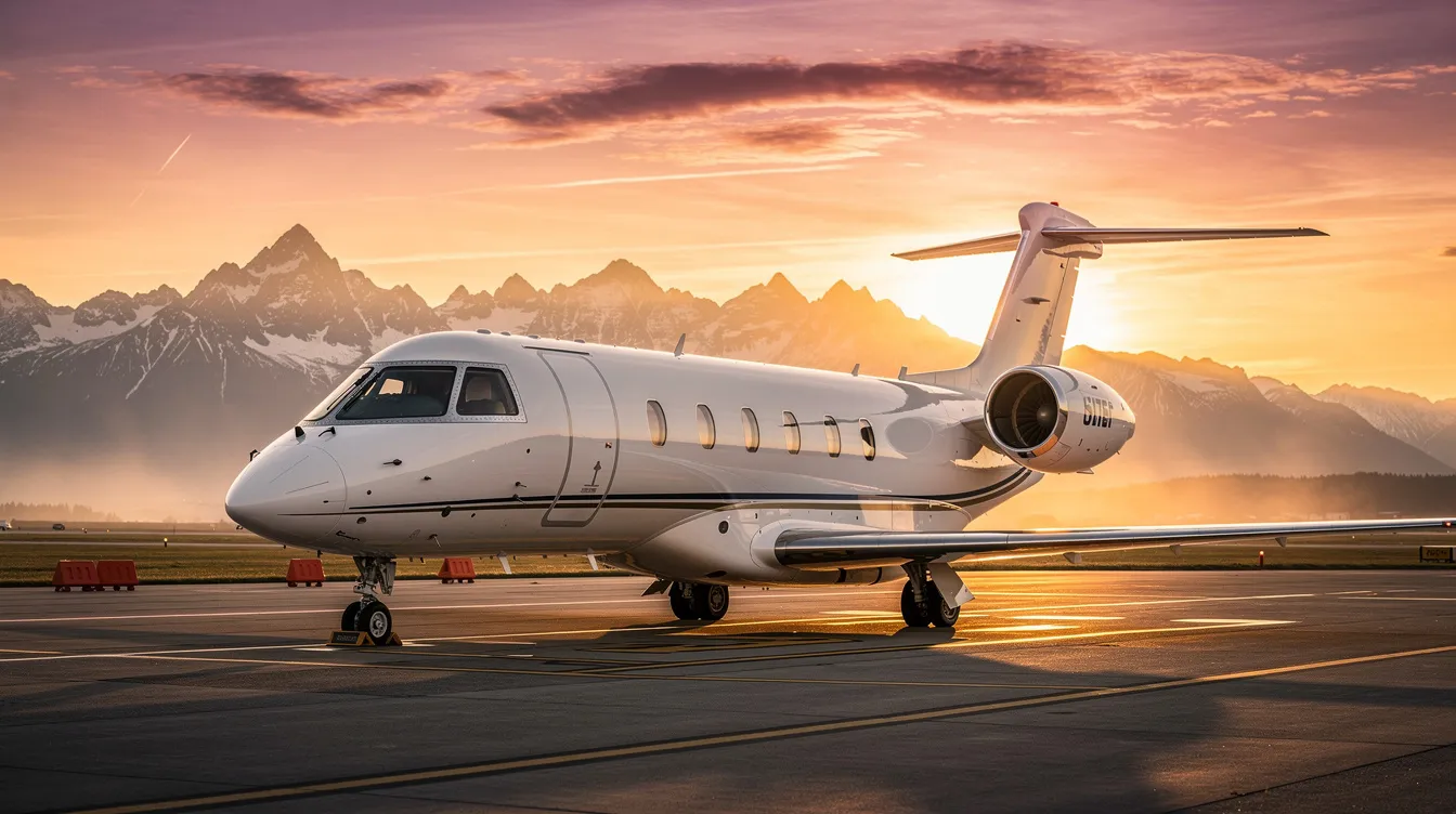 A sleek modern private jet is parked on the tarmac at sunset, with majestic mountains in the background, symbolizing the luxury and convenience of private jet travel in the evolving private aviation industry. This scene highlights the increasing demand for business jets and the future of private flying.