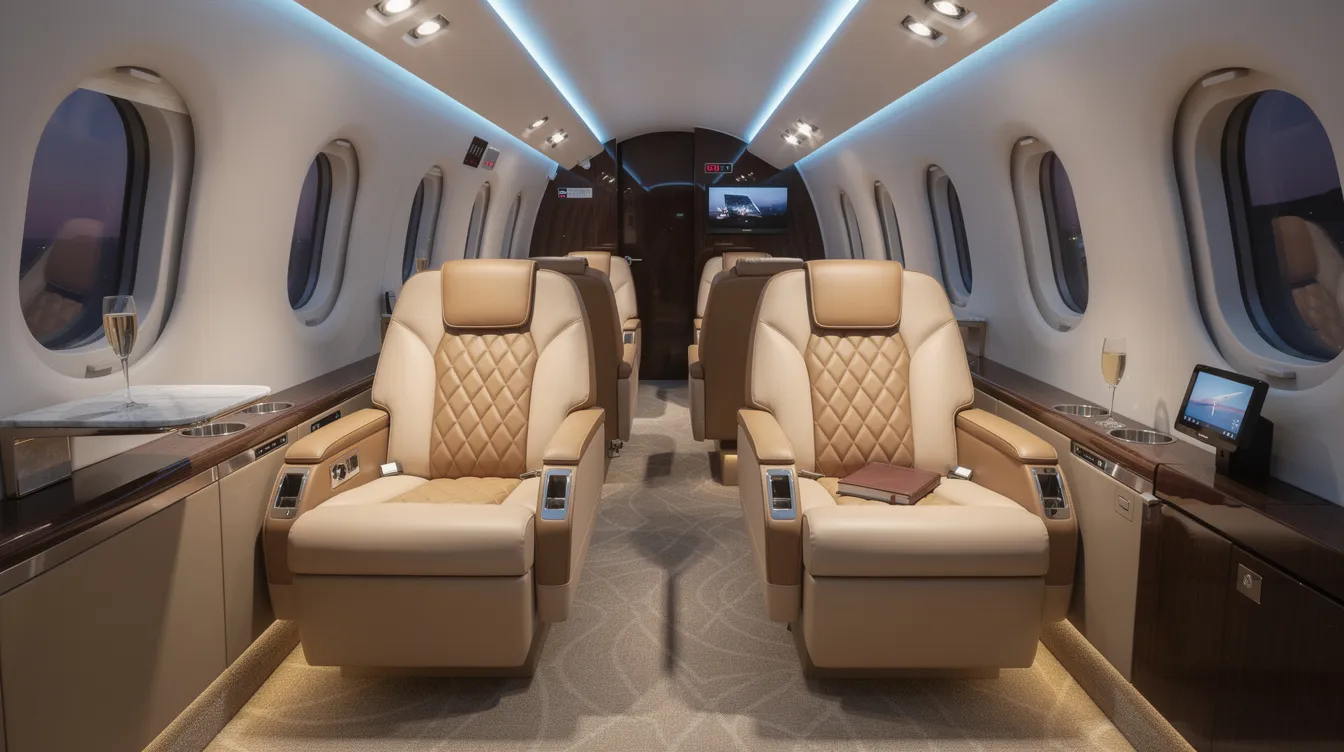 The image showcases a luxurious private jet cabin interior featuring plush leather seats and ambient blue lighting, epitomizing the elegance of private aviation. This serene environment is designed for high net worth travelers seeking comfort and exclusivity in their private jet flights.
