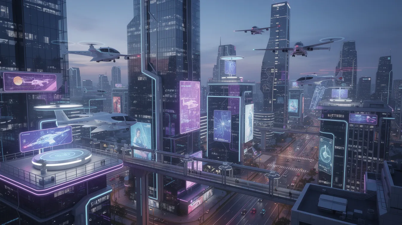 The image depicts a futuristic cityscape bustling with multiple air taxis and electric aircraft soaring between sleek, modern buildings. These battery-powered aircraft, featuring advanced electric propulsion systems, symbolize the new era of aviation with zero emissions and efficient urban air mobility.