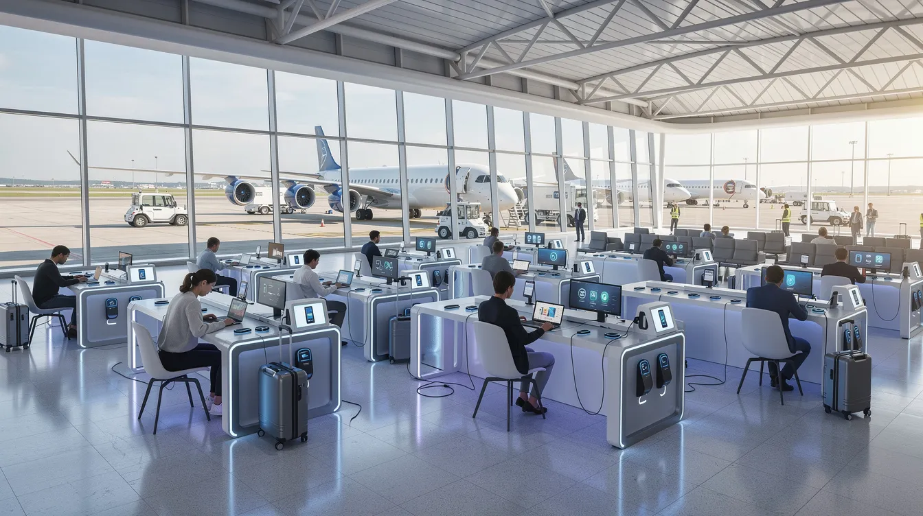 The image depicts a modern airport terminal featuring advanced charging stations for electric aircraft, with several electric-powered planes parked on the tarmac. This scene highlights the future of aviation, showcasing electric flight technology and sustainable energy solutions in the realm of private aviation.