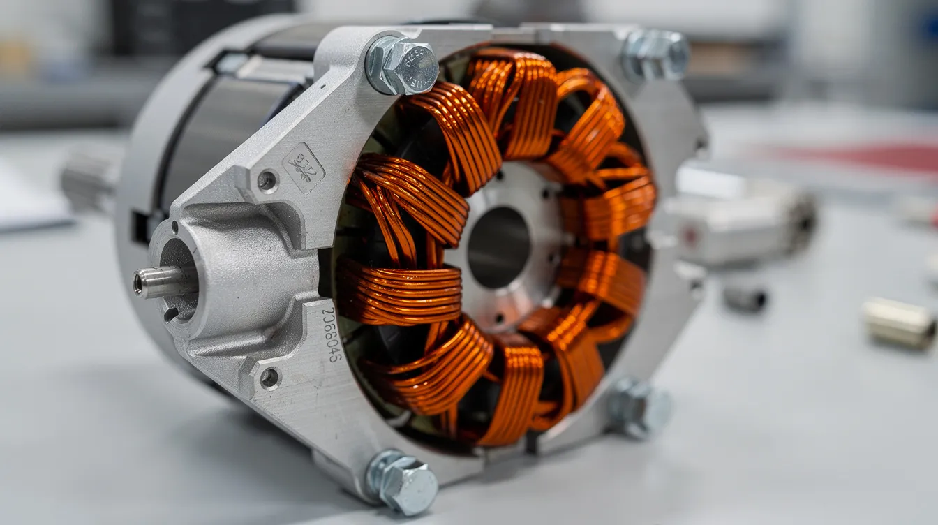 The image shows a close-up of an electric aircraft motor assembly, highlighting the intricate copper windings that are part of the electric propulsion system. This component is essential for electric powered aircraft, showcasing advancements in battery technology and energy efficiency in aviation.