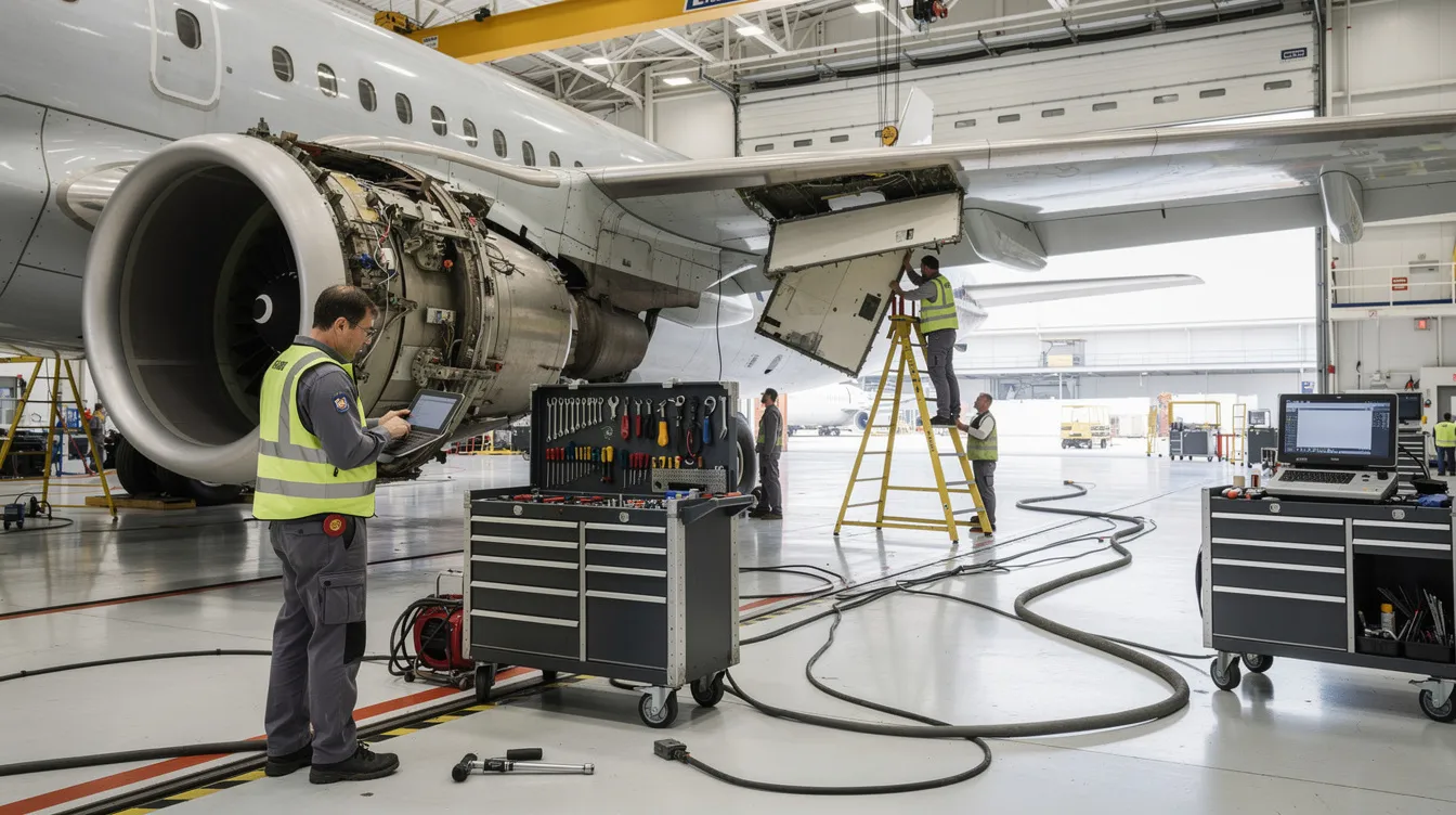 A team of aircraft maintenance technicians is busy working in a hangar, surrounded by various tools and equipment essential for ensuring operational efficiency in the aviation industry. Their tasks involve utilizing advanced technologies and real-time data to perform predictive maintenance and uphold safety standards for flight operations.
