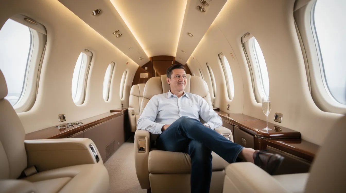 A relaxed passenger is seated comfortably in the luxurious cabin of a private jet, surrounded by plush seating and elegant decor, highlighting the premium passenger experience in the aviation industry. This serene environment exemplifies how advancements in artificial intelligence and machine learning technology can enhance customer satisfaction during air travel.