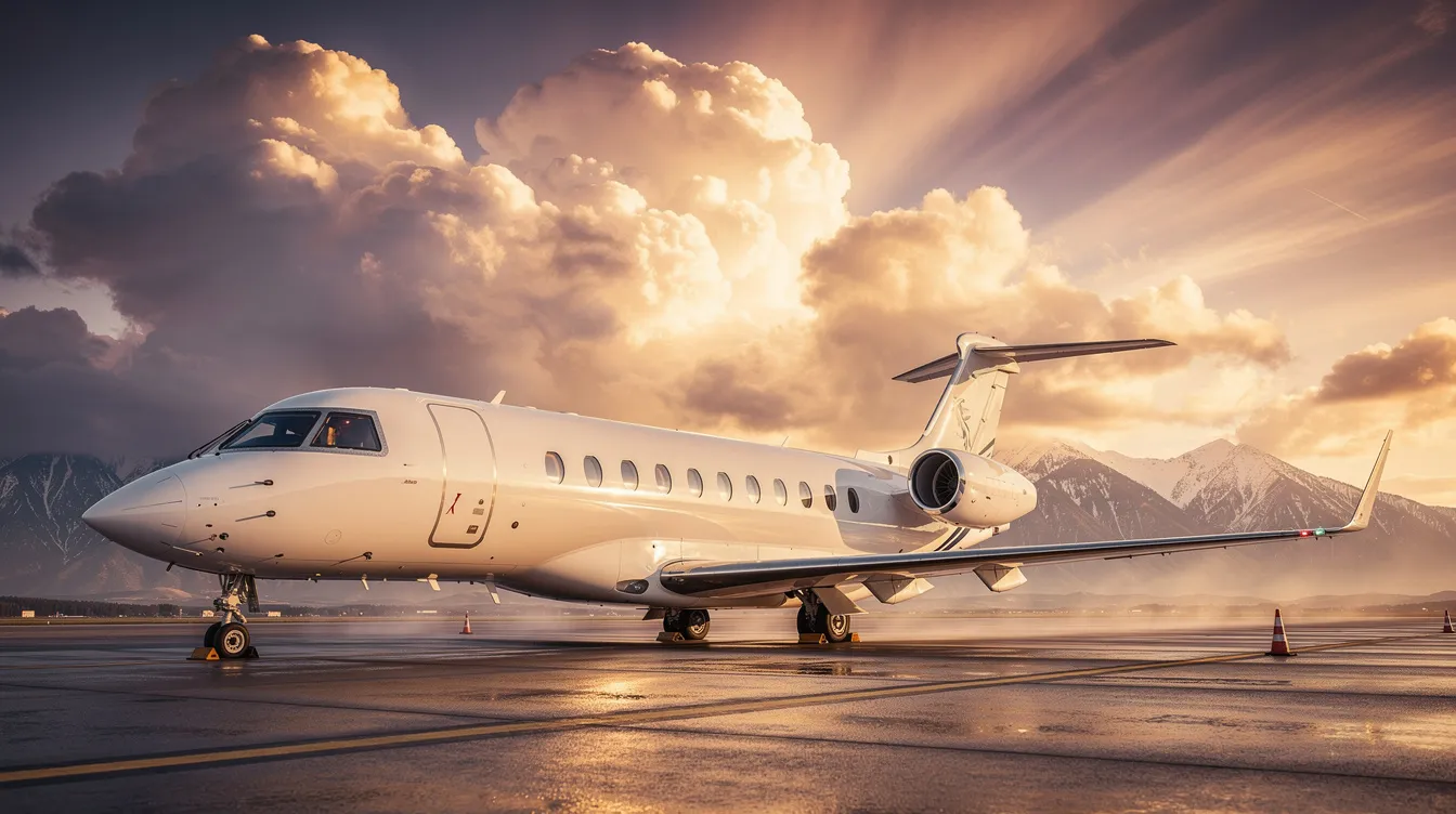 A private jet is parked on a tarmac with a dramatic sky and majestic mountains in the background, highlighting the elegance of air travel in the aviation industry. The scene captures the essence of operational efficiency and luxury associated with private aviation, emphasizing the importance of innovative technologies in enhancing the passenger experience.
