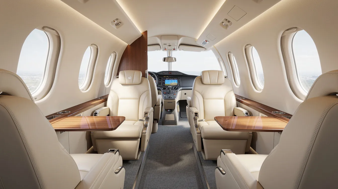 The image depicts the interior of a modern light jet cabin, featuring luxurious leather seats bathed in natural light, creating an inviting atmosphere for private jet travel. This setting exemplifies the comfort and exclusivity offered by private jet membership programs, ideal for frequent travelers seeking guaranteed access to premium aircraft.