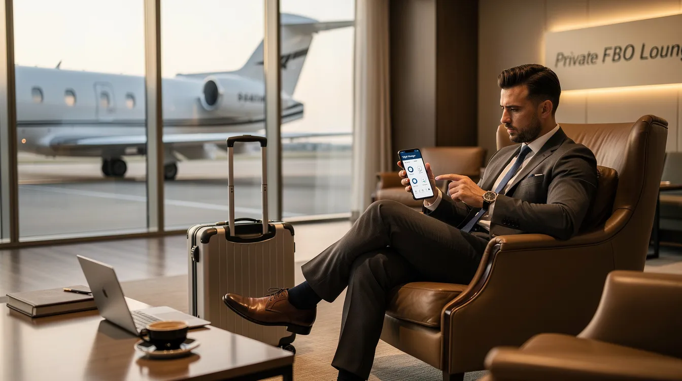 A business traveler is seated in a luxurious private FBO terminal lounge, intently using a smartphone app to manage their private jet membership details. The setting reflects the exclusive benefits of private aviation, highlighting the convenience and flexibility of booking private flights.