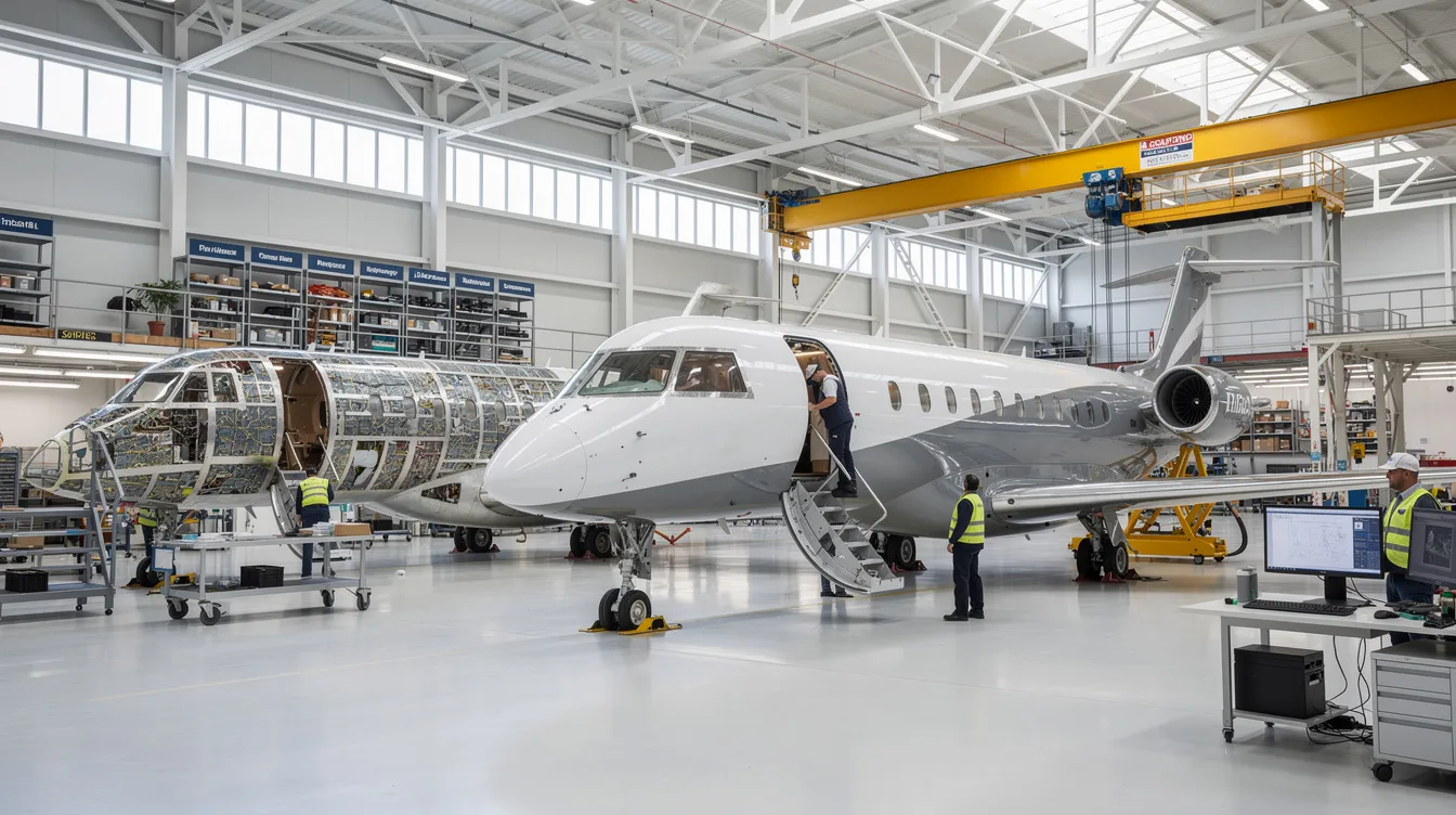 The image depicts a modern business jet manufacturing facility, showcasing several private jets at various stages of assembly, illustrating the rapid growth and innovation within the private aviation industry. The scene highlights the increasing demand for private aircraft, reflecting trends in sustainable aviation fuel and market growth in regions like North America and emerging markets.