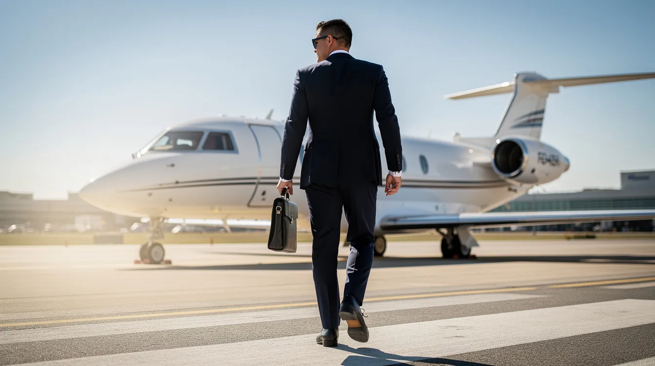 An executive confidently walks towards a waiting private jet on a sunny day, highlighting the allure of private aviation and its growing demand among high net worth individuals. The scene captures the essence of flying privately, showcasing the convenience and luxury of private jet travel.