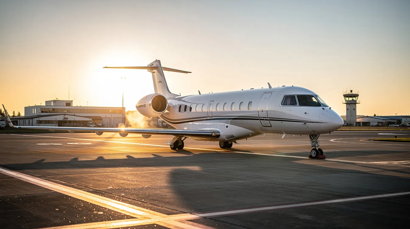 A sleek private jet is parked on the tarmac at a regional airport, bathed in the warm glow of golden hour, highlighting its modern design and spacious cabin. This scene reflects the growing demand in the private aviation market, where flying privately offers both efficiency and luxury for high net worth individuals.