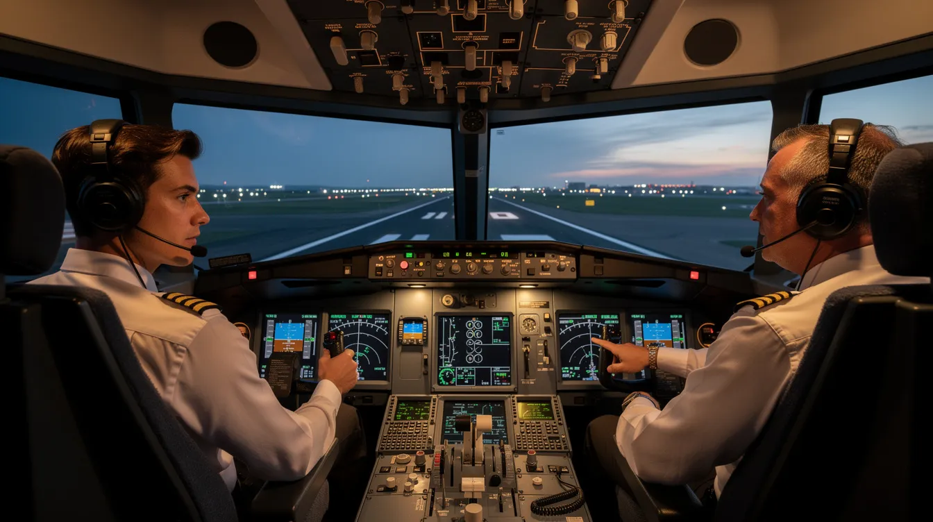 The image depicts a flight simulator cockpit where an instructor is guiding a trainee pilot through flight training, highlighting the essential role of simulation in preparing aspiring pilots for careers in the aviation industry amidst a growing pilot shortage. The realistic setup emphasizes the importance of qualified pilots in meeting the increasing demand for airline pilots in commercial aviation.