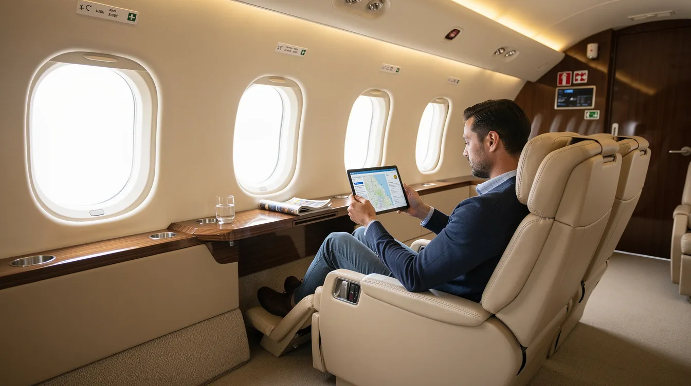 A calm passenger sits in the luxurious cabin of a modern private jet, focused on flight information displayed on a tablet. The interior exemplifies high standards of private aviation, featuring advanced safety systems and a comfortable environment, ensuring passenger safety during private jet travel.