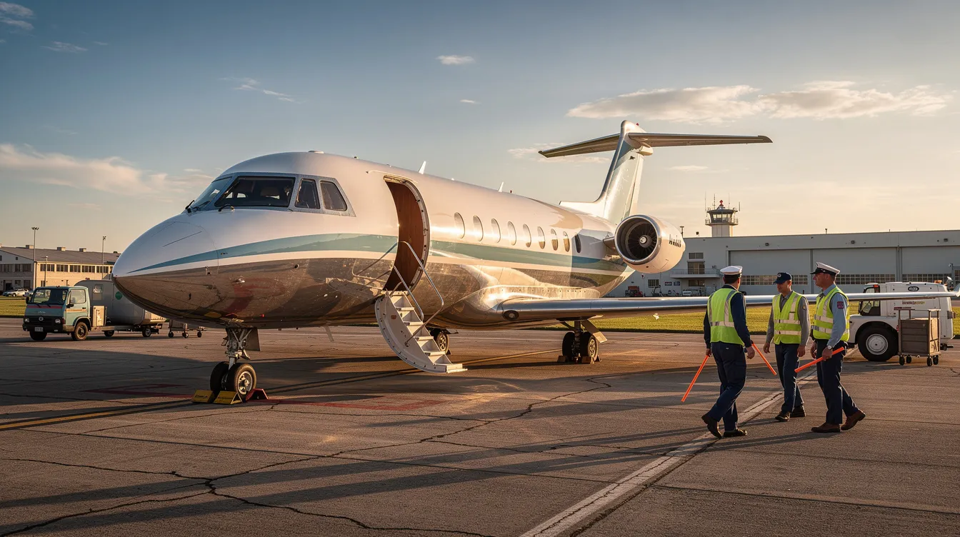 A vintage business jet from the 1960s is parked on an airport tarmac, surrounded by ground crew members attending to the aircraft. This scene highlights the evolution of private aviation, showcasing how safety standards and operational procedures have advanced in the private jet industry over the years.