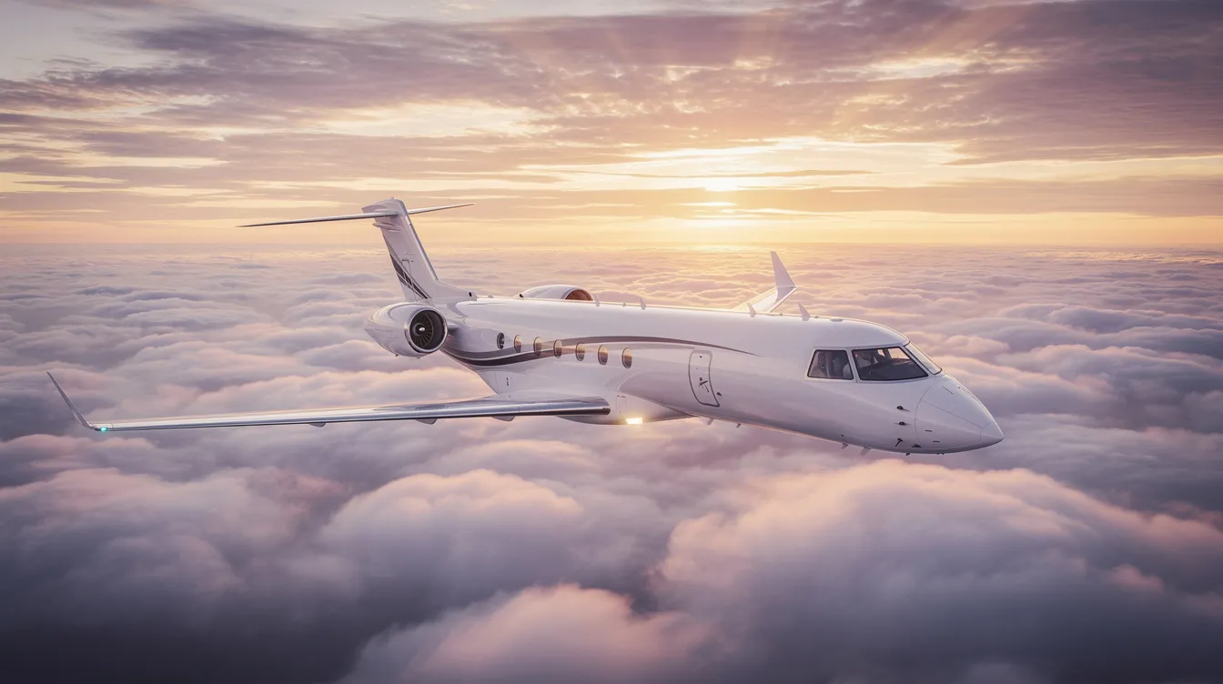 A modern private jet glides gracefully above the clouds during sunset, showcasing its sleek design and spacious cabin ideal for up to eight passengers. This image captures the essence of business aviation, highlighting the luxury and advanced technology that defines today's popular private jets.