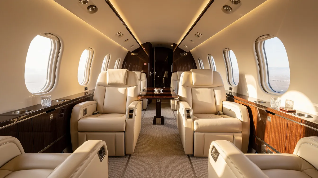The image depicts a luxurious private jet cabin interior, featuring natural lighting and comfortable seating designed for up to eight passengers. The spacious cabin offers a refined experience with advanced technology, ensuring passenger comfort during their journey in the world of private aviation.