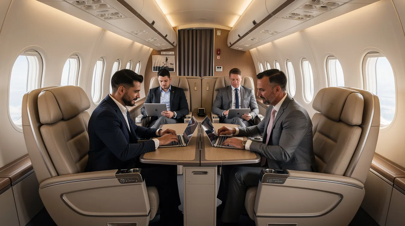 The image depicts business passengers working comfortably in a spacious modern private jet cabin, featuring flat floor design and advanced technology. With a refined cabin experience, this business aviation setting allows up to eight passengers to enjoy a smooth ride while traveling for international business.