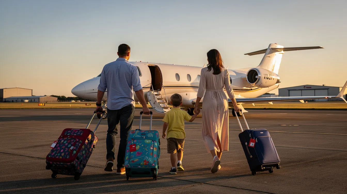 A family is walking towards a small private aircraft at a quiet airport, carrying their luggage, ready to embark on a private jet flight. The scene captures the ease and convenience of private aviation, contrasting with the hustle of commercial flights.