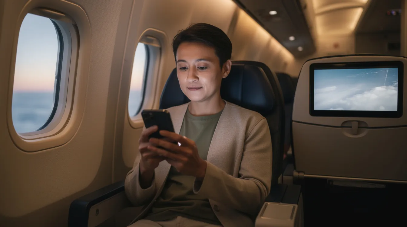 A person is seated calmly on a private jet, focused on their phone screen during the flight. The serene atmosphere highlights the luxury and comfort of private aviation, contrasting with the hustle of commercial airlines.