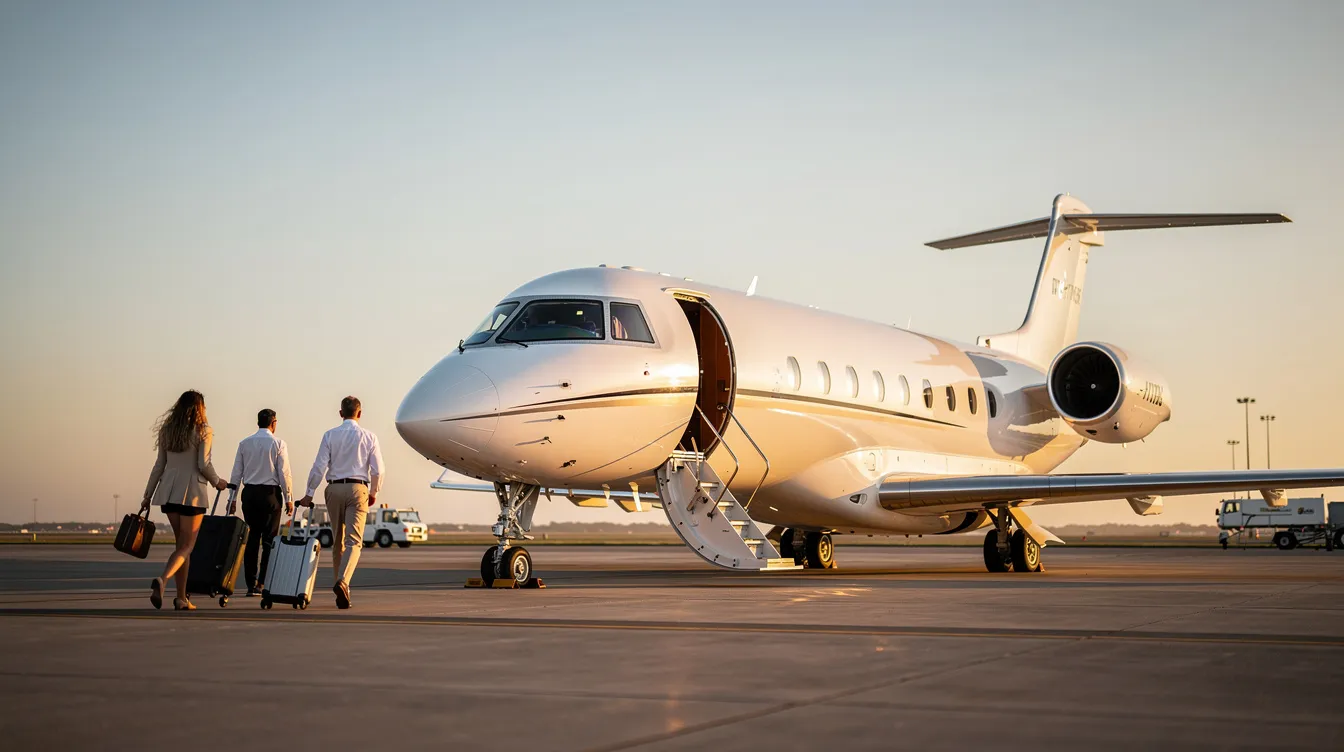 A private jet is parked on the tarmac, with several passengers approaching the boarding stairs, ready to experience private jet travel. The scene captures the luxury and convenience of flying private, away from the hustle of commercial flights.
