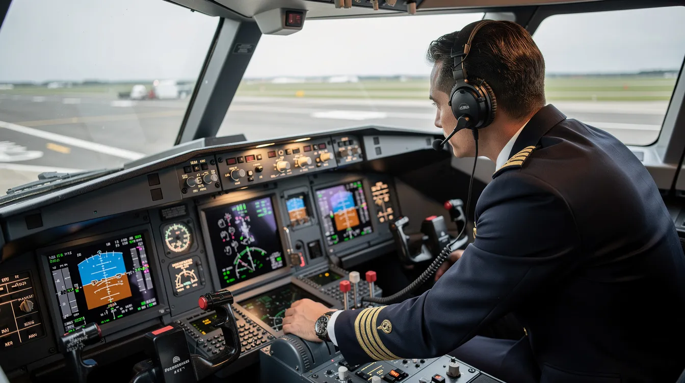 In the image, a pilot is seated in the cockpit of an aircraft, intently checking various flight instruments and displays before takeoff, ensuring everything is in order for the upcoming flight. This scene highlights the meticulous preparation that private jet pilots undertake, which is essential for safe and efficient private aviation operations.