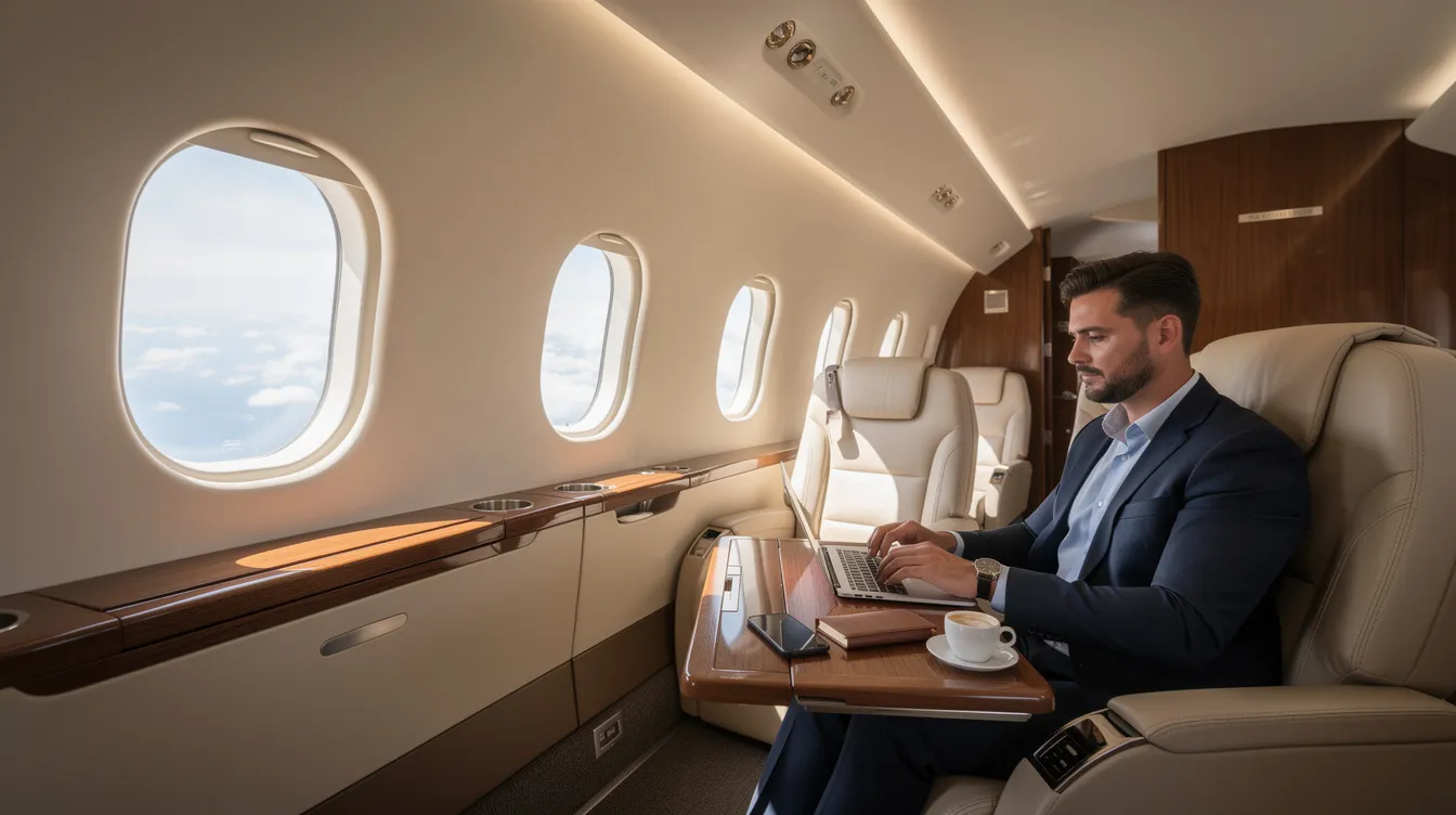 The image shows the luxurious interior of a private jet, featuring plush leather seats, while a business traveler focuses on work at a laptop. This scene highlights the comfort and convenience of private aviation, ideal for those considering jet card membership for flexible travel arrangements.