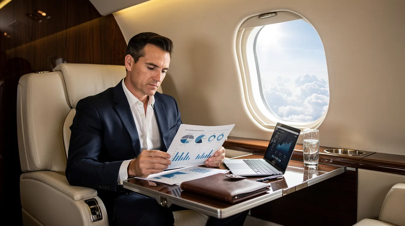 A business executive is seated in a luxurious private jet cabin, intently reviewing financial documents that detail costs associated with private aviation, including jet card pricing and potential savings. The elegant interior showcases plush seating and high-end finishes, emphasizing the exclusive experience of flying privately.