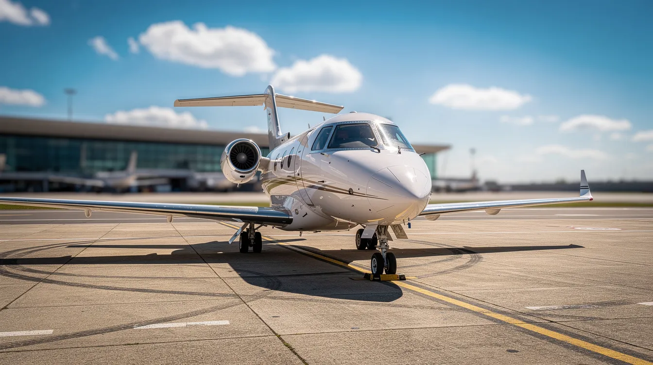 A small private jet is parked on the airport tarmac under a bright midday sun, showcasing the luxury of private jet travel. This aircraft symbolizes the convenience and flexibility of flying private, offering an alternative to crowded commercial airlines.