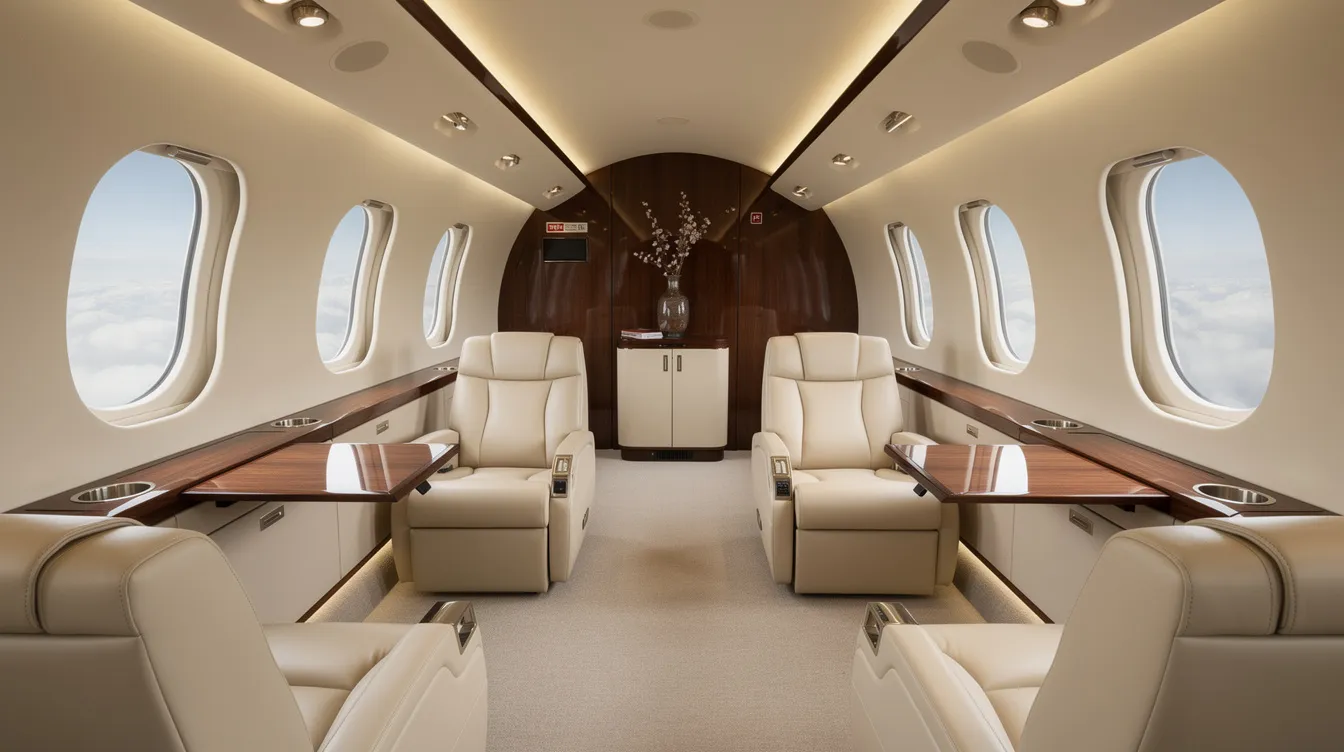 The image depicts the interior of a luxurious private jet cabin, featuring plush leather seats and elegant wooden accents, designed for comfort during private jet travel. This spacious setting highlights the refined atmosphere of flying private, making it an ideal choice for those seeking a premium travel experience.