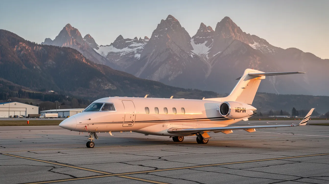 A sleek private jet is parked on the tarmac of a small regional airport, with majestic mountains rising in the background. This scene captures the essence of private aviation, showcasing the convenience and beauty of flying privately to remote destinations.