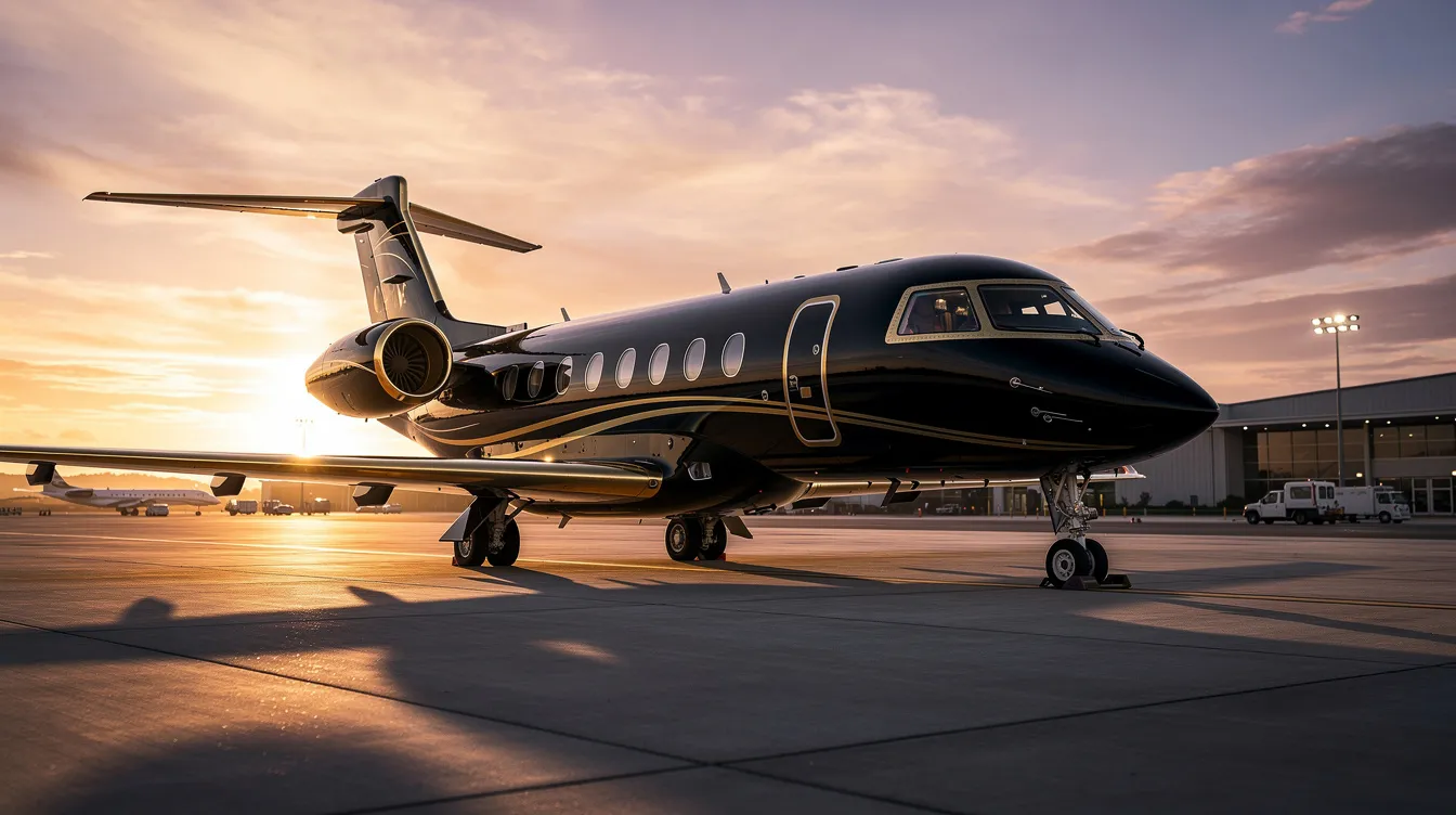 A sleek black and gold private jet is parked on the airport tarmac, illuminated by the warm hues of a sunset, showcasing the luxury and sophistication of private air travel. This aircraft symbolizes the substantial investment and ongoing costs associated with private jet ownership, including maintenance and operational expenses.