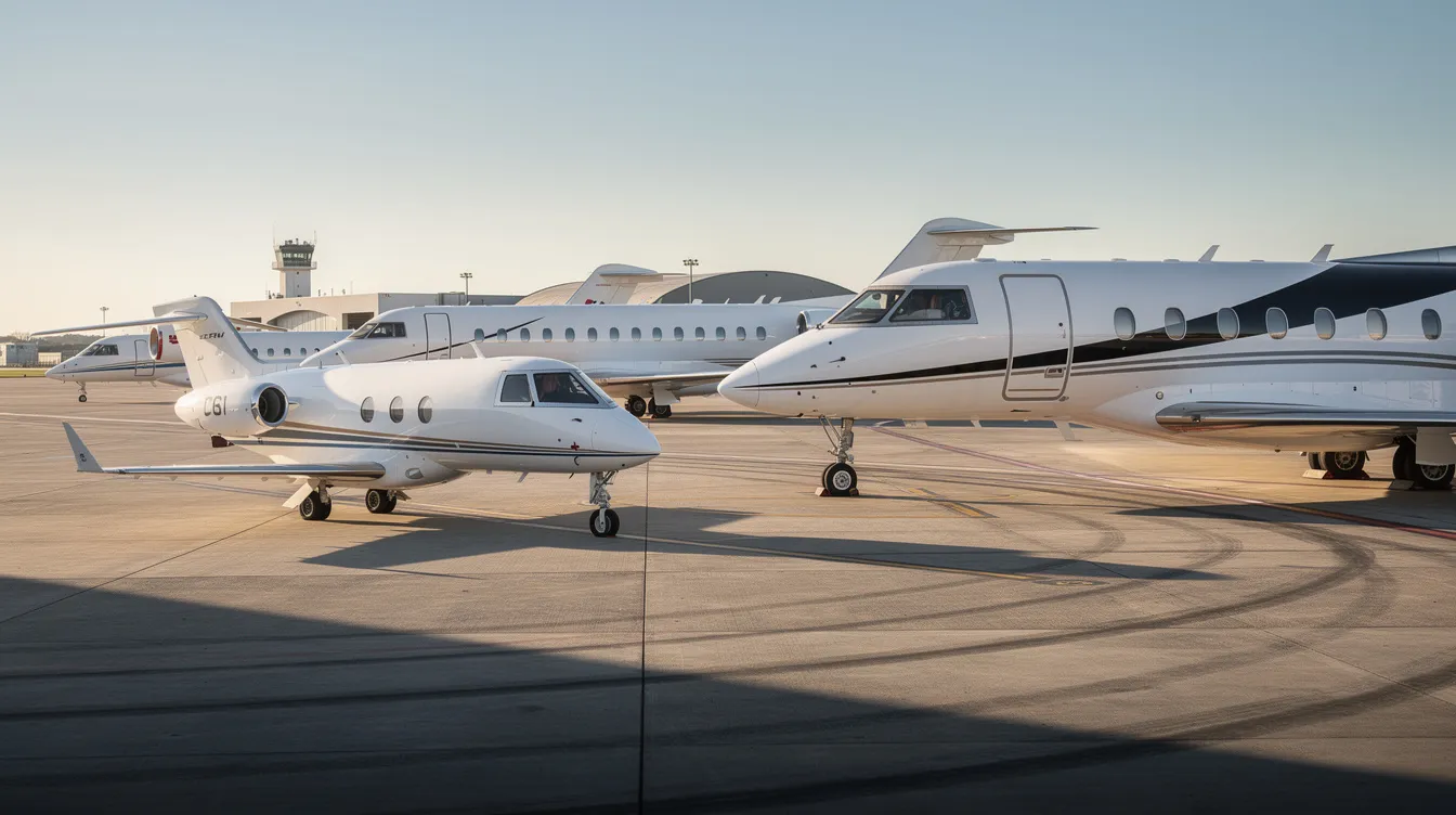 The image shows several private jets of varying sizes lined up on an airport ramp, highlighting the diversity in the private aviation industry. This scene emphasizes the options available for private jet travel, including light jets and large jets, catering to different passenger capacities and preferences.