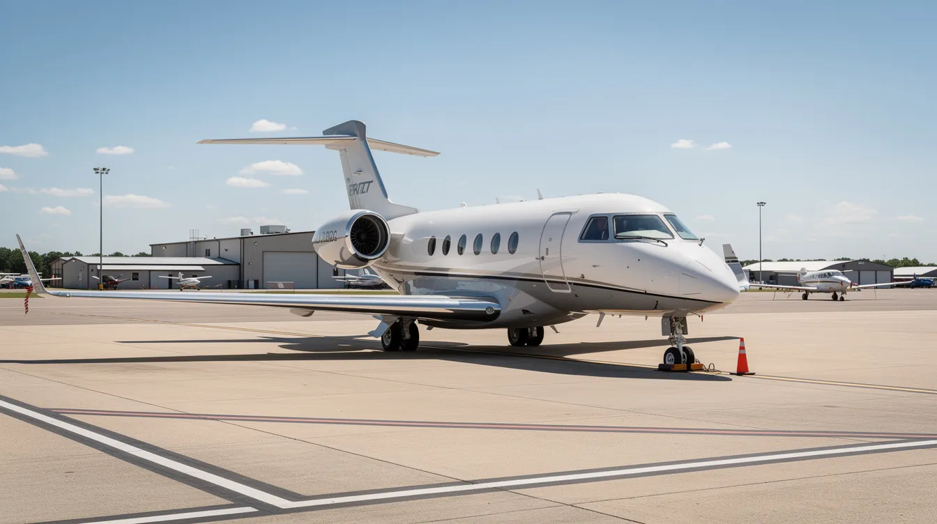 A sleek private jet is parked on the tarmac at a small regional airport, set against a clear blue sky, highlighting the luxury of private aviation. This image represents the convenience of private jet travel, offering an alternative to commercial airlines with its exclusive access and personalized service.