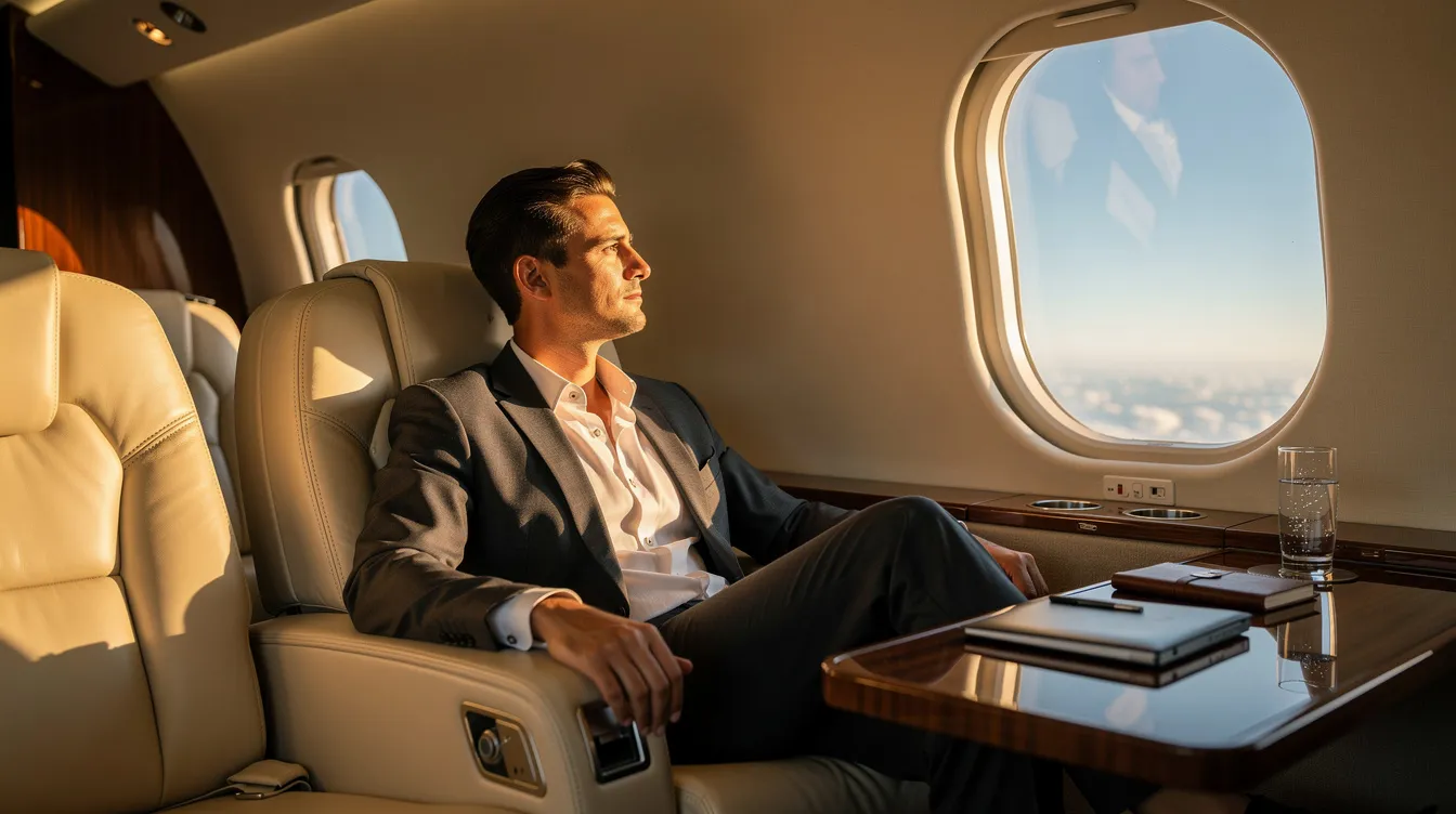 A relaxed business traveler gazes out the window of a luxurious private jet cabin, enjoying the spacious environment and personalized service typical of private aviation. This scene captures the essence of private jet travel, offering a serene alternative to the long security lines and crowded commercial airlines.