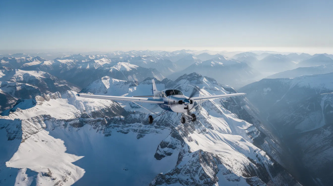 An aerial view captures a small private aircraft soaring over a stunning snow-capped mountain range, showcasing the beauty and freedom of private jet travel. This image highlights the advantages of flying private, including the ability to access remote destinations and enjoy unparalleled convenience away from crowded airports.