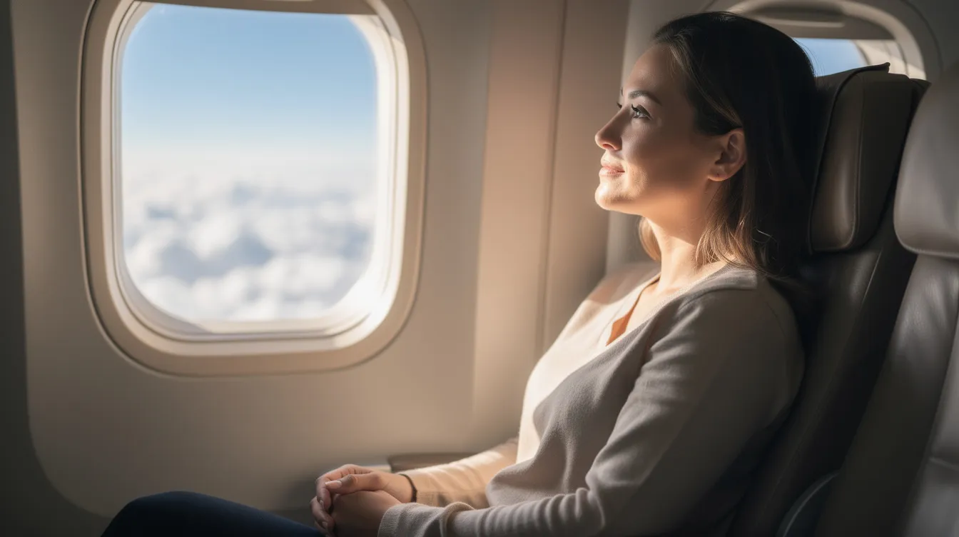 A calm passenger gazes out the window of a private jet, observing the fluffy clouds drifting by, highlighting the serene experience of private aviation. This moment captures the unparalleled convenience and time savings associated with flying private, away from the crowded airports and long security lines of commercial flights.