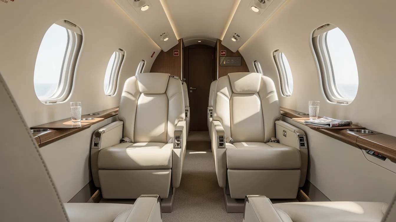 The image depicts the interior of a light jet cabin featuring plush leather seats and ample natural lighting, creating a luxurious atmosphere ideal for private jet travel. This setting highlights the comfort and elegance associated with private jet charters, making it a perfect choice for business travel or leisure.