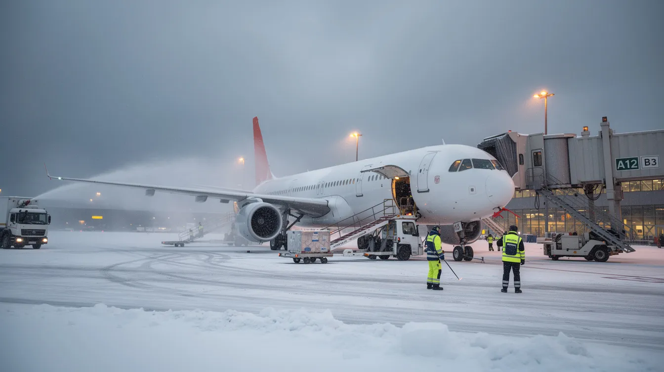 The image depicts a snowy airport tarmac where ground crew members are diligently preparing a private jet for departure. The scene highlights the operational aspects of private aviation, including aircraft positioning and the necessary preparations for charter flights amidst winter weather conditions.