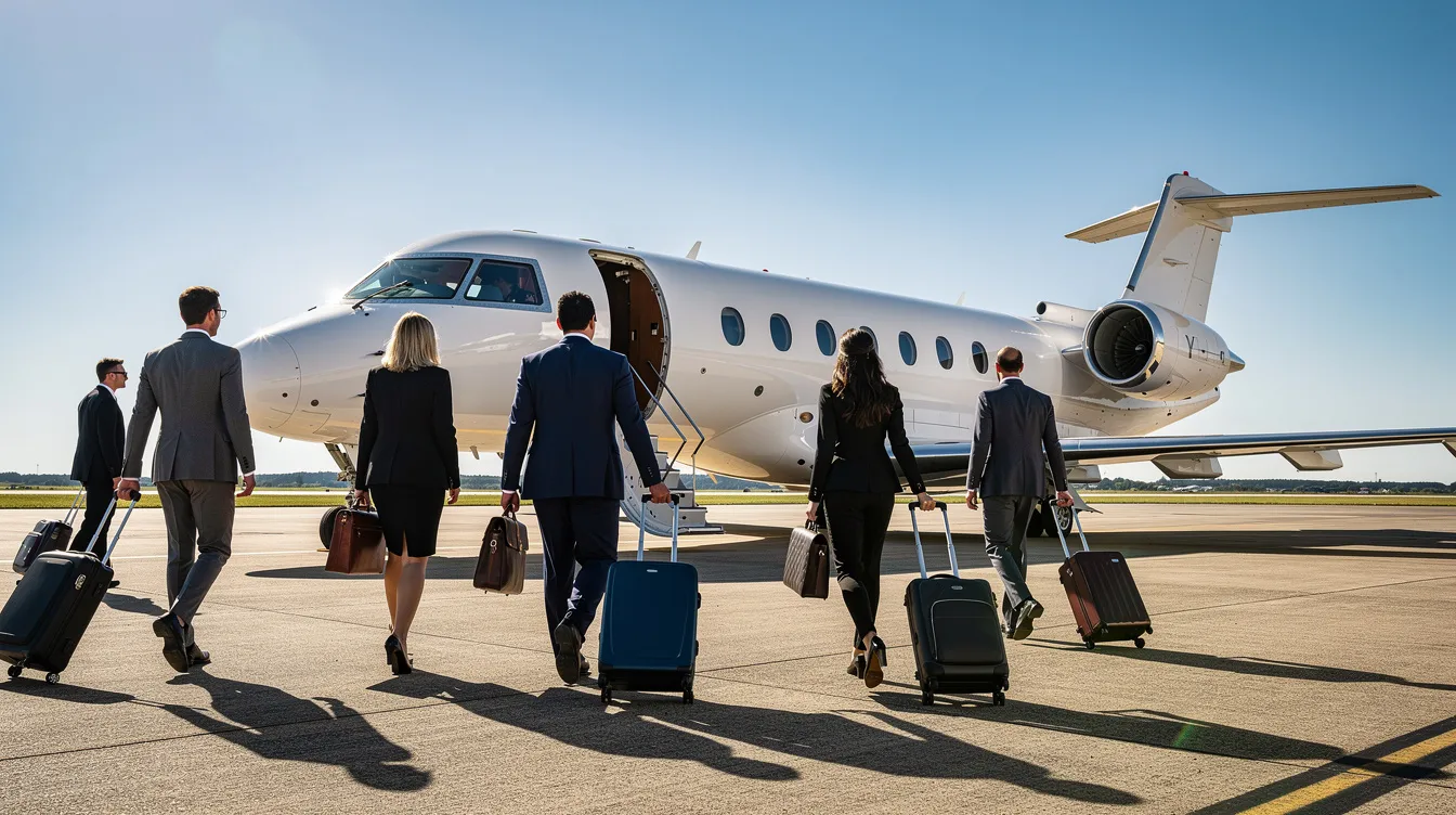 A group of business travelers is walking toward a private jet on a sunny tarmac, ready for their private aviation journey. The scene captures the essence of private jet travel, highlighting the convenience and luxury associated with chartering a private jet for efficient business trips.