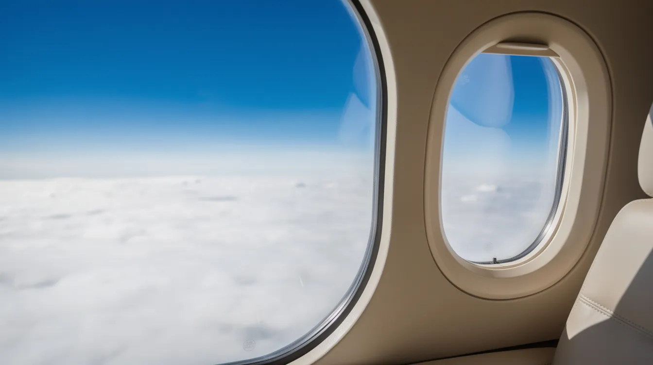 Inside a light jet, the view from the window showcases a vibrant blue sky above a smooth layer of fluffy white clouds, highlighting the serene experience of private aviation in an Embraer Phenom 300. This image captures the essence of luxury travel, where passengers can enjoy the comfort and performance of one of the best-selling light jets in the market.