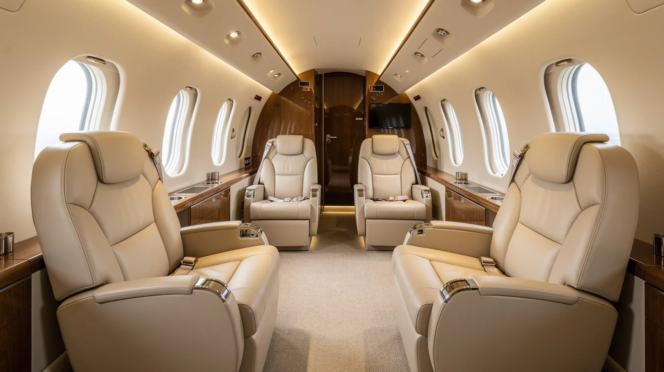 The image depicts the luxurious interior of a private jet cabin, featuring cream leather seats arranged to face each other, large oval windows allowing natural light, and warm ambient lighting that enhances the comfort of the space. This setting exemplifies the elegance of the Embraer Phenom 300, a best-selling light jet in private aviation, designed to accommodate passengers with style and sophistication.