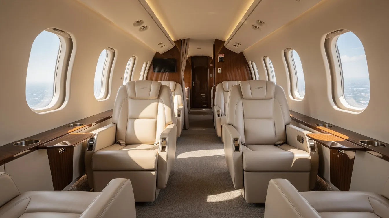 The image depicts the interior of a luxurious private jet cabin featuring cream leather seats and ample natural light pouring through the windows, creating an inviting atmosphere ideal for private aviation. This elegant space exemplifies the benefits of private jet ownership, offering a comfortable and personalized travel experience.