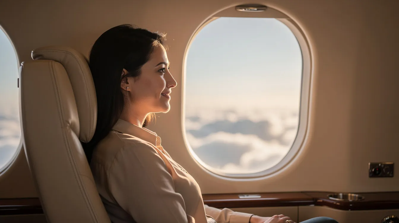 A calm passenger gazes out of a private jet window, observing fluffy clouds while wearing a relaxed expression, embodying the tranquility and personalized service that fractional jet ownership offers in private aviation. The scene captures the essence of luxury travel, highlighting the benefits of private jet ownership and the comfort it provides during flights.