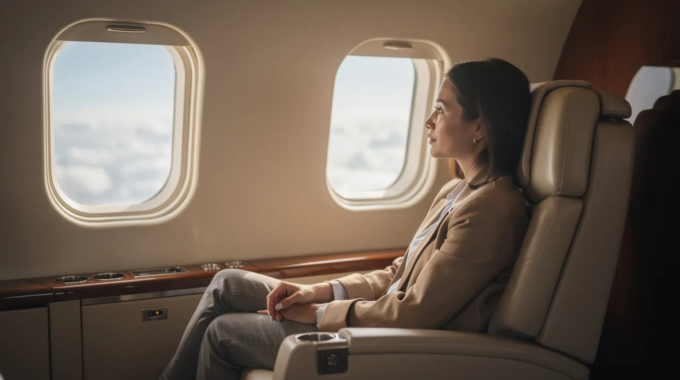 A person is seated comfortably in the plush cabin of a private jet, gazing out the window at a sea of fluffy clouds. This serene moment highlights the luxury of private jet travel, offering exclusive benefits and unparalleled service to its members.