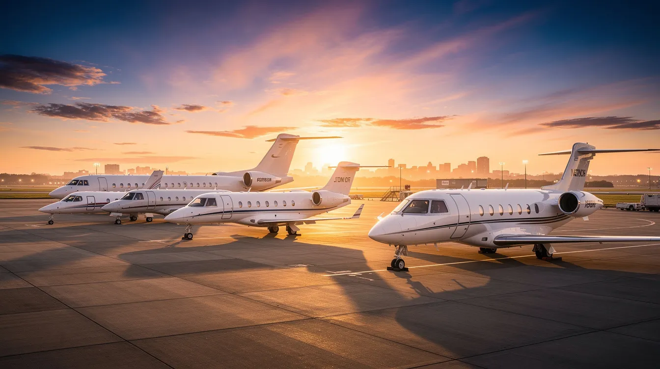 The image depicts several private jets of varying sizes parked on a tarmac during a vibrant sunset, illustrating the luxury and exclusivity of private aviation. This scene highlights the appeal of private jet travel, offering travelers priority access and a unique flying experience.