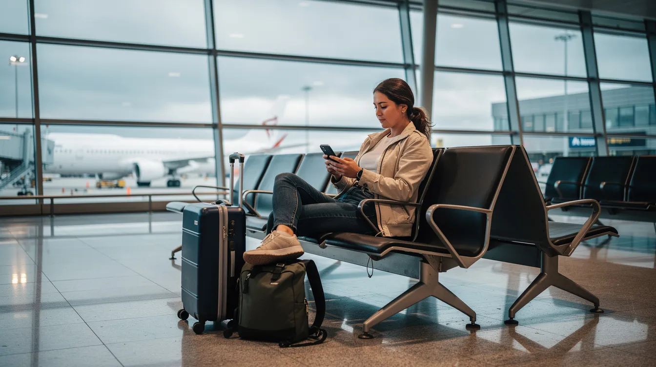 A calm traveler sits at an airport gate, focused on their phone as they check flight details using a flight tracker app. The atmosphere around them is bustling with other passengers and announcements about gate changes and departures.