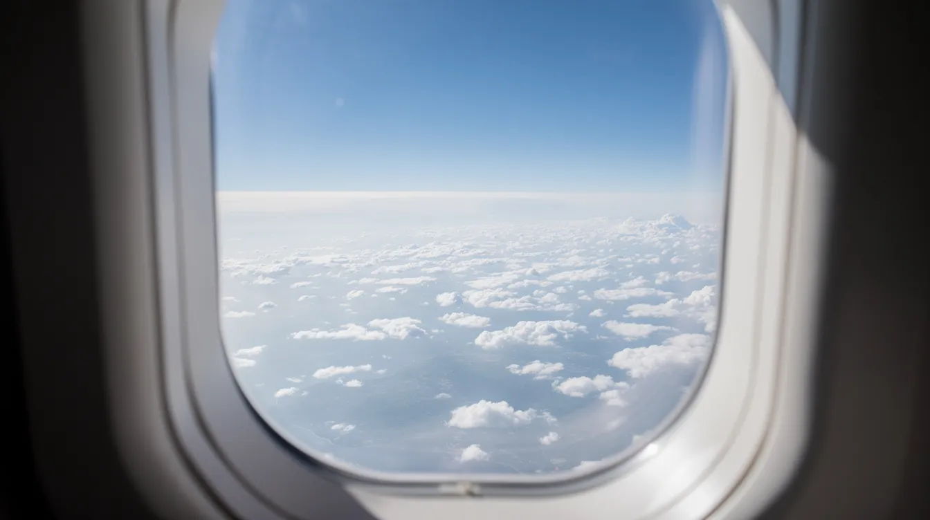 A serene view from an airplane window showcases a vast blue sky dotted with fluffy white clouds at cruising altitude, perfect for those looking to relax while flying. This image evokes the tranquility of air travel, a reminder of the essential flight tracking apps that keep passengers informed about their flight details and status.