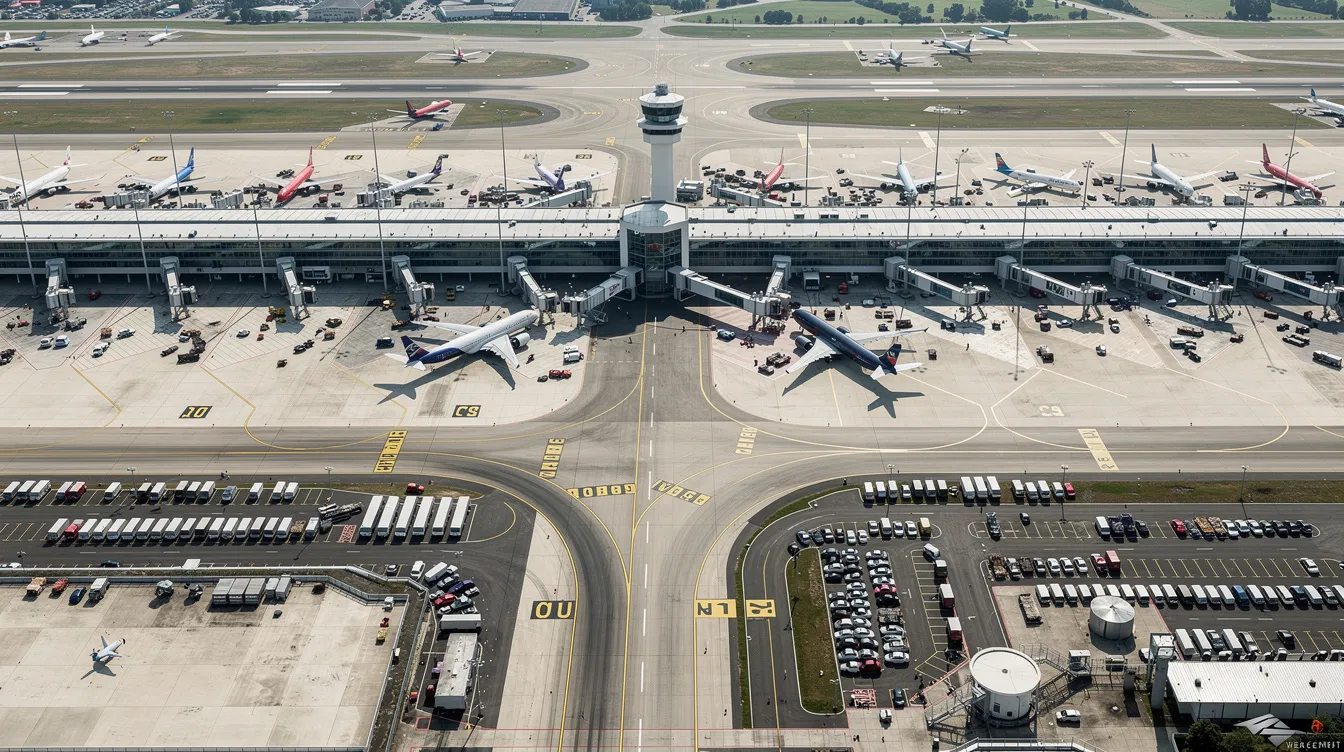 An aerial view of a busy airport showcases multiple commercial airplanes parked at gates and taxiing on runways, highlighting the dynamic environment of air traffic control. This scene captures the essence of flight tracking, with various aircraft details visible as they prepare for departure and arrival.