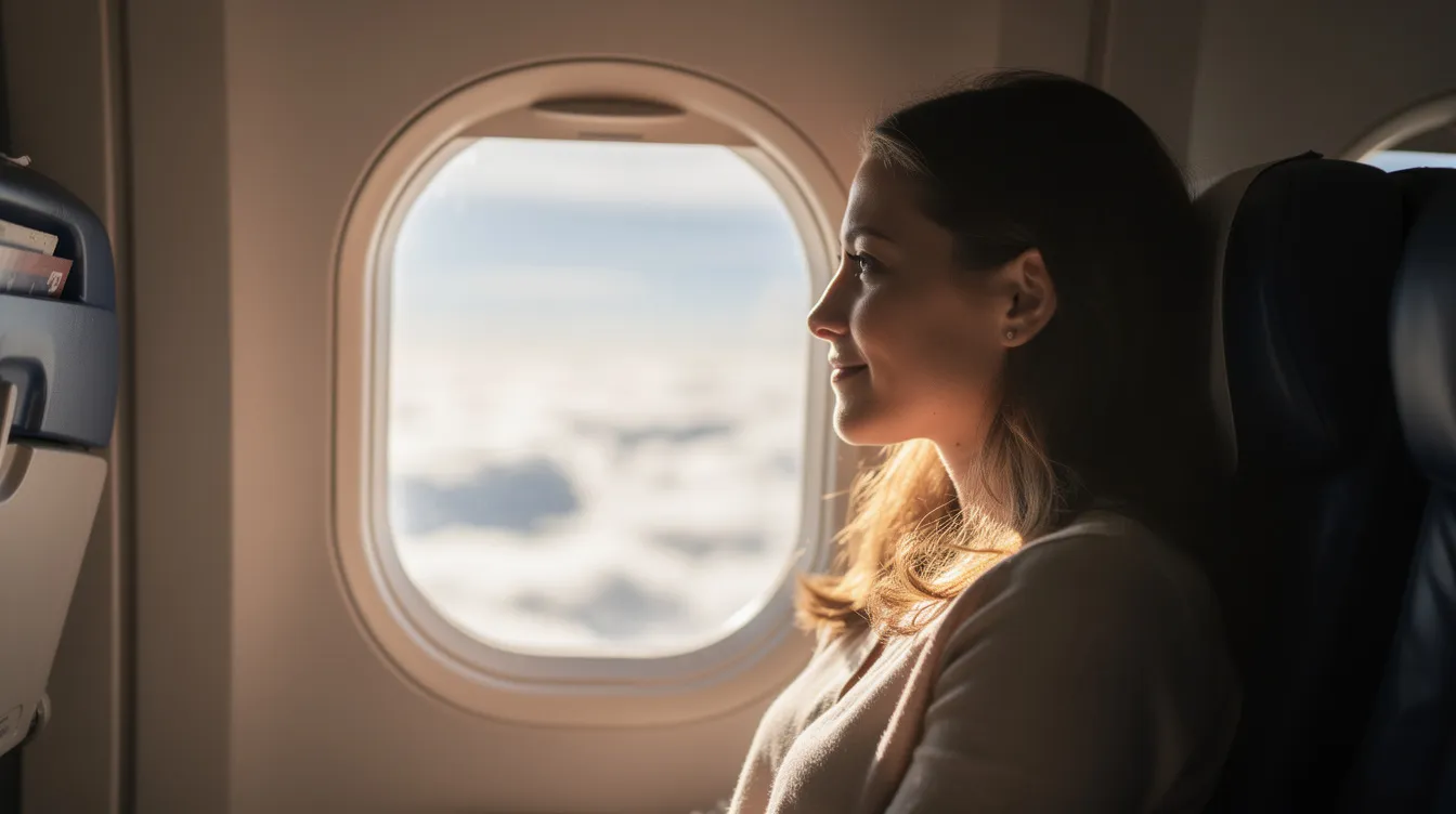 A calm passenger gazes peacefully out of an airplane window, observing fluffy clouds illuminated by sunlight, embodying the tranquility of flight. This serene moment captures the essence of travel, enhanced by the use of a flight tracker app to keep informed about flight status and details.