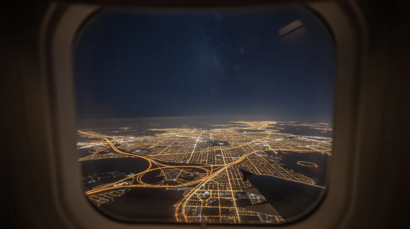 The image captures a serene nighttime view from an airplane window, showcasing a sparkling spread of distant city lights below while a blanket of stars twinkles above. This tranquil scene highlights the beauty of flight, perfect for those using a flight tracker app to monitor their journey in real-time.