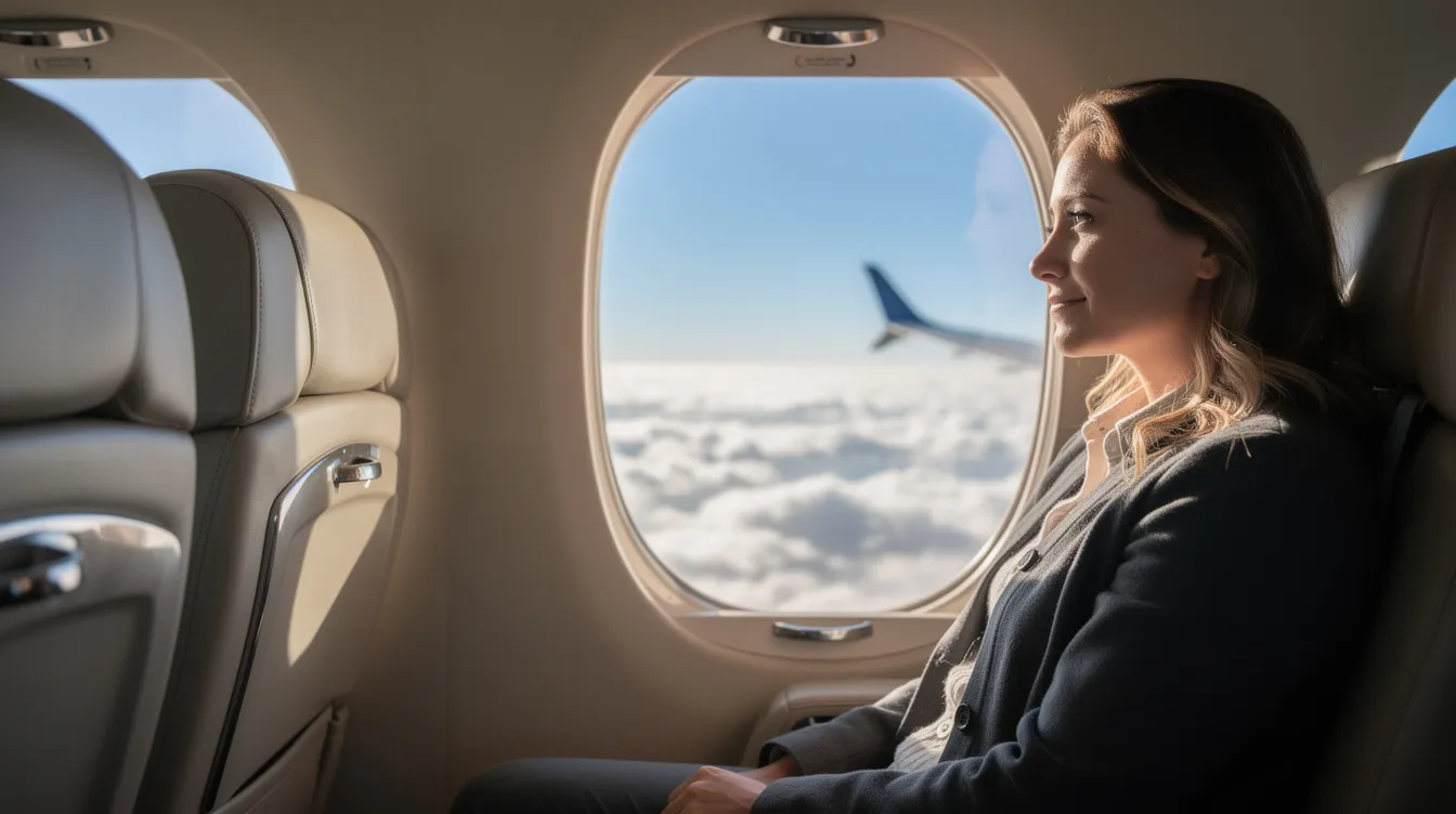 A calm passenger gazes out the window of a small private jet, soaring above a blanket of fluffy clouds in bright daylight. This serene moment highlights the luxury of private aviation, often associated with fractional jet ownership, allowing multiple owners to share the costs and benefits of aircraft ownership.